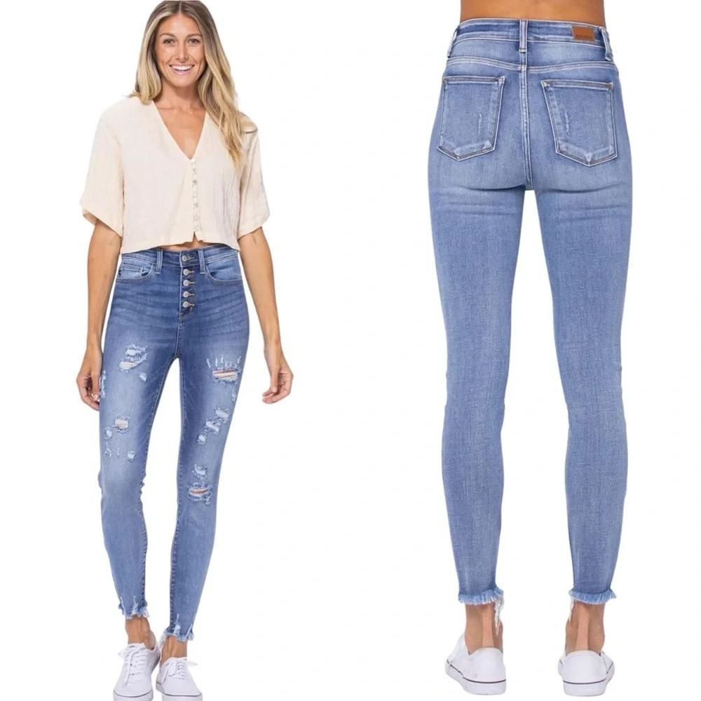 Judy Blue Women's Hi-Rise Skinny Destroyed Button-Fly Jeans Size 29‎